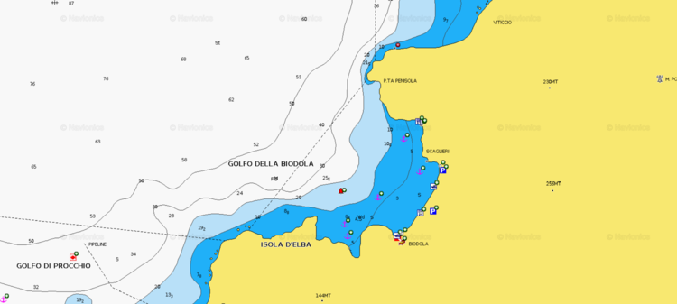 Открыть карту Navionics стоянок яхт в  в бухте  Биодола. Остров Эльба. Италия