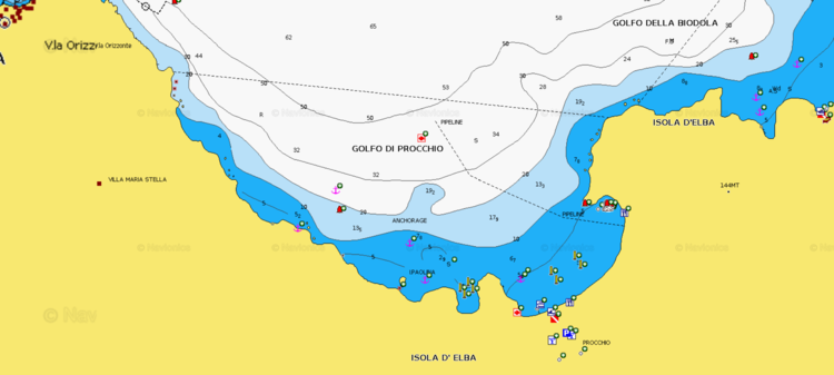 Открыть карту Navionics стоянок яхт в  в бухте Прокио. Остров Эльба. Италия