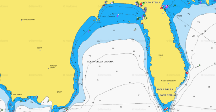 Открыть карту Navionics стоянок яхт в  в бухте Лакона. Остров Эльба. Италия