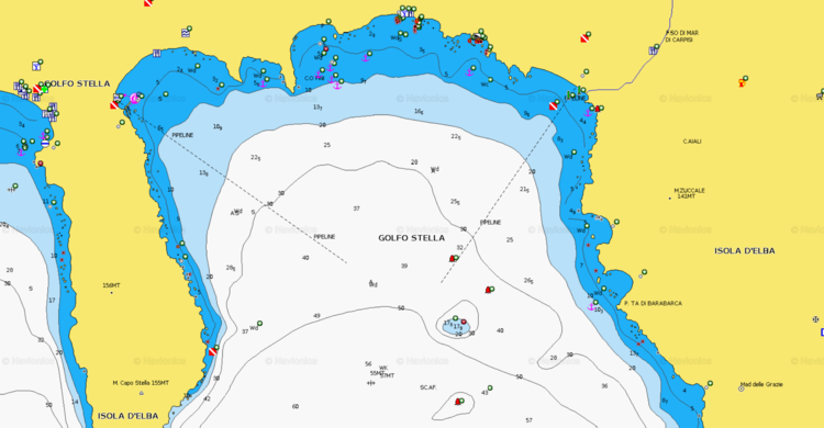 Открыть карту Navionics стоянок яхт в  в бухте Стелла. Остров Эльба. Италия