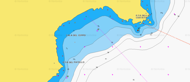 Открыть карту Navionics стоянок яхт в  бухте Кала Дель Чеппо. Остров Капрая. Тоскана. Италия