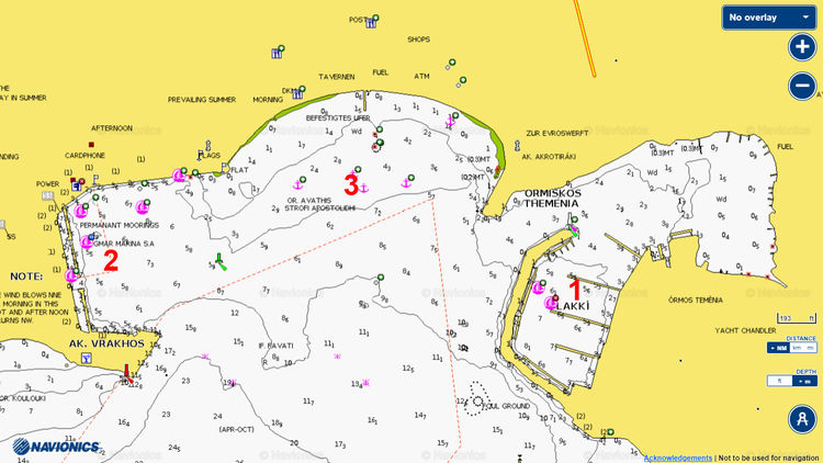 Открыть карту Navionics стоянок яхт в Лакки. Остров Лерос. Додеканес. Греция
