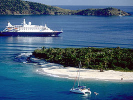 SeaDream I and SeaDream II spend the winter months in the Caribbean with service out of Palm Beach and St. Thomas visiting small yachting ports of call. Here is SeaDream II in Virgin Gorda Sound.