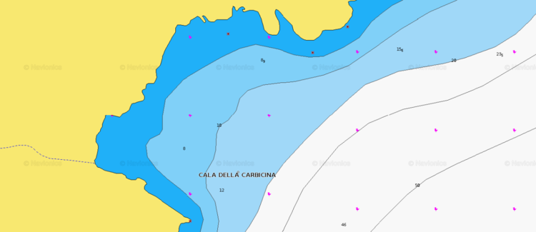Открыть карту Navionics стоянок яхт в  бухте Кала делла Карбичина. Остров Капрая. Тоскана. Италия