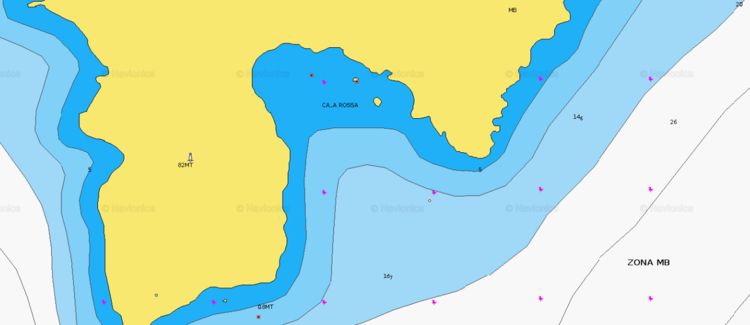 Открыть карту Navionics стоянок яхт в  бухте Кала Росса. Остров Капрая. Тоскана. Италия