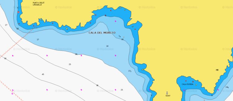 Открыть карту Navionics стоянок яхт в  бухте Кала Морето. Остров Капрая. Тоскана. Италия