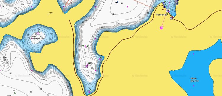 Открыть карту Navionics яхтенных стоянок в бухте Помена на острове  Млет. Хорватия.