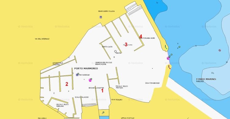 Открыть карту Navionics якорной стоянок яхт в Порто Марморео